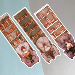 Détail de marque-pages illustrant une fille lisant près d'une bibliothèque