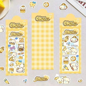 Detail of cute cheese-themed cartoon cat and dog stickers for DIY scrapbook decoration