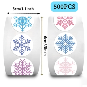 Detail of 3cm snowflake stickers showing roll dimensions and multi-color designs