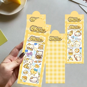 Close-up of cute yellow cheese themed cat and dog stickers for DIY stationery decor