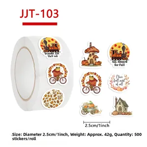 Detail of autumn-themed round decorative stickers, 2.5cm diameter with fall elements