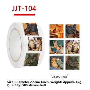 Detail view of 1 inch cat illustration stickers for scrapbooking and gift sealing
