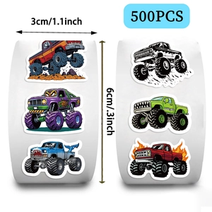 Detail of 500 monster truck stickers showing 3cm size and various colorful racing car designs