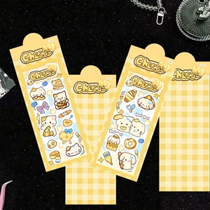 Cute cheese cat cartoon stickers for DIY journals with decorative patterns, set of 2 sheets