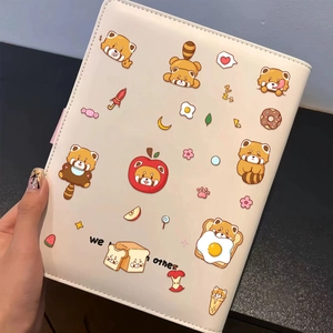 Detail view of a cute red panda binder cover with high-quality leather grain and stitching