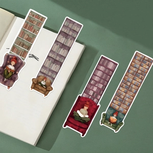 Lot de quatre marque-pages artistiques illustrant des femmes lisant devant une bibliothèque