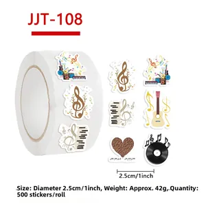 Detail view of 1 inch round musical instrument stickers showing piano and guitar designs