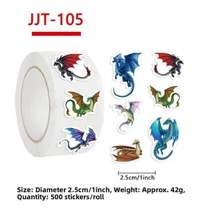 Detail showing 2.5cm colorful western dragon stickers on a 500-sheet decorative roll