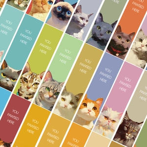 Detail of artistic cartoon cat bookmarks featuring various feline breeds and vibrant colors
