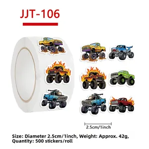 Detail view of monster truck sticker roll with dimensions and multiple patterns