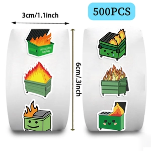 Details von 500er-Rolle Dumpster Fire Aufklebern mit 3cm Durchmesser und Größenmarkierung
