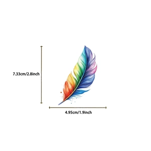 Size specifications for a colorful rainbow gradient feather sticker at 7.33cm x 4.95cm