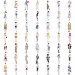 50pcs waterproof clear PET stickers featuring diverse stylish girl fashion illustrations