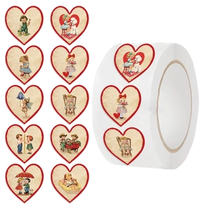 Vintage Heart Shaped Scalloped Edge Washi Paper Sticker Roll Retro Children Illustration Self Adhesive Sealing Labels For Handbook DIY Gift Decoration
