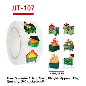 Detailansicht der 500 Stk. Mülltonnenbrand-Aufkleberrolle mit 2,5 cm Cartoon-Motiven