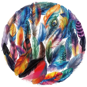 Circular arrangement of 50 colorful PET feather stickers for journals and DIY art decor
