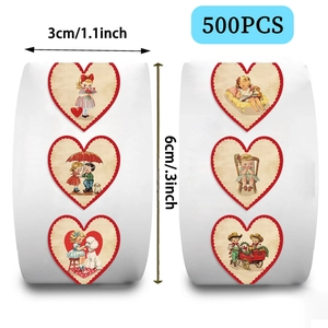 Roll of 500 vintage heart stickers with European retro illustrations for scrapbooking