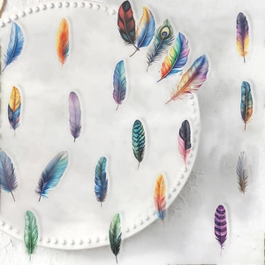 Macro shot of assorted colorful soft feather PET stickers for journaling and DIY crafts