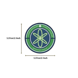 Detail view showing 5.37cm diameter of Atomic Wrangler embroidered round patch sticker