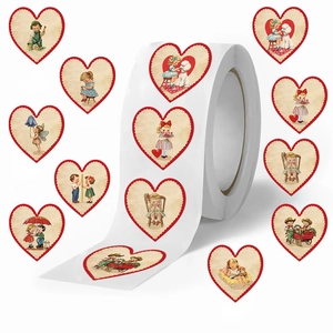 500pcs vintage heart stickers roll with nostalgic illustrations and red scalloped edges