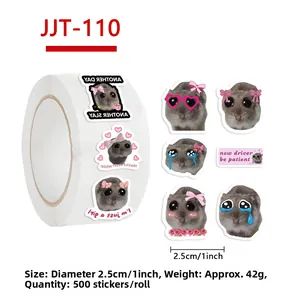 Close-up of Sad Hamster stickers roll with 2.5cm diameter for scrapbooking and DIY crafts