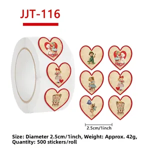 Detail of 500-count vintage heart sticker roll with 1-inch cartoon girl illustrations