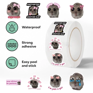 Detail showing waterproof sad hamster sticker roll with various meme designs for DIY