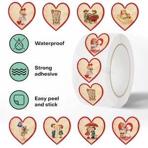 Detail of waterproof retro heart sticker roll with strong adhesive and easy peel design