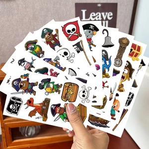 Cartoon pirate temporary tattoo stickers set featuring captain, ship and parrot for kids party
