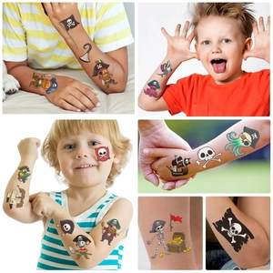 Detailed views of waterproof pirate cartoon temporary tattoos for kids on arms and face