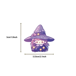 Detail view of a 5cm cute cartoon wizard girl sticker with precise dimension measurements