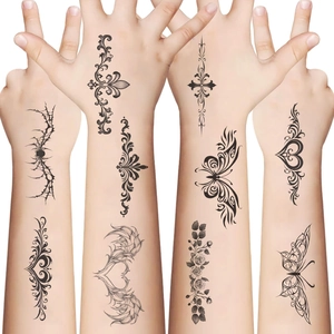 Waterproof black totem temporary tattoo stickers with vintage floral and butterfly patterns