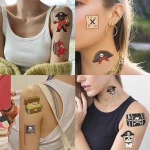 Detailed view of pirate themed waterproof temporary tattoos applied on skin for parties