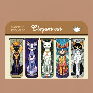Detailed set of 5 stained glass style cat magnetic bookmarks on a neutral display card