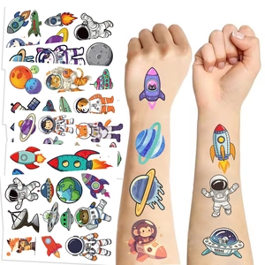 Autocollants de Tatouage Temporaire Espace Astronaute pour Enfants Imperméable Dessin Animé Fusée Planète Tatouage
