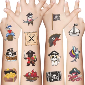 Detailed view of waterproof pirate tattoos with colorful shark and skull designs on arms