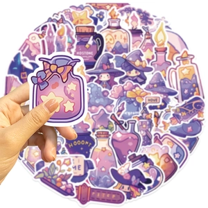 Detail of purple cartoon magic potion stickers with waterproof vinyl material and clean white edges