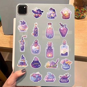 Cartoon magic potion stickers set on a green tablet case with purple witch elements