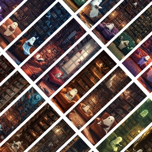 Collage of cartoon ghost reading bookmarks featuring cozy library and sofa scenes