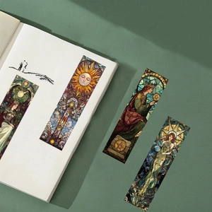 Artistic stained glass tarot bookmarks set with mystical illustrations on paper cards