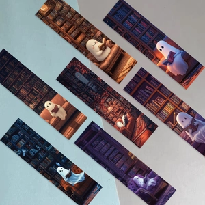 Set of 7 cartoon ghost reading bookmarks with library scenes and warm aesthetic