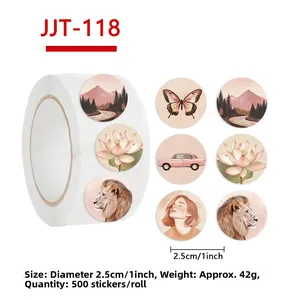 Detail of 1-inch vintage round stickers featuring nature and lion patterns in a 500pcs roll