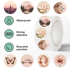 Detail showing waterproof vintage stickers in Morandi tones with easy-peel adhesive