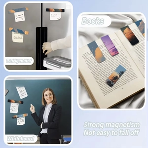 Detail view of strong magnetic bookmarks set used on refrigerator, books and whiteboard