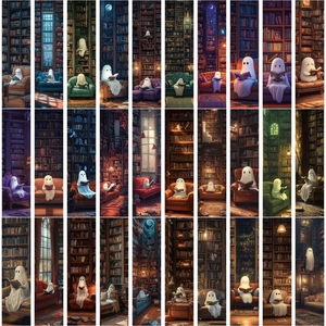 30-pack cute ghost reading bookmarks set with artistic vintage library illustrations