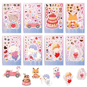 Set di 8 fogli di adesivi fai-da-te di San Valentino con animali e motivi a cuore