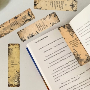 Retro kraft paper bookmarks set with dark gothic illustrations and inspirational quotes