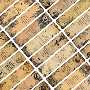 Retro kraft paper bookmarks with dark motivational quotes and Halloween Gothic motifs