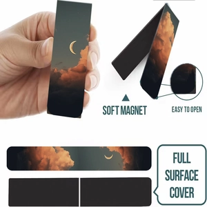 Detail of soft magnetic bookmark with sunset and moon landscape featuring foldable clip