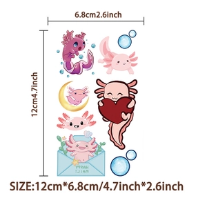Dimensions détaillées des tatouages éphémères axolotl rose avec 6 motifs de dessins animés